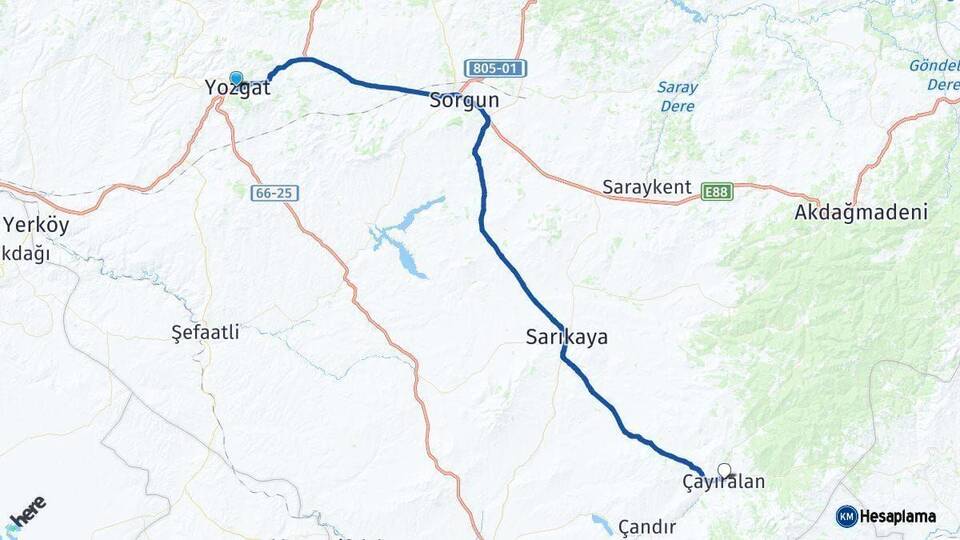 Yozgat Çayıralan Arası Kaç Km - Yol Haritası