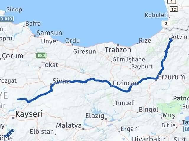 Yozgat Çayıralan Artvin Arası Kaç Km - Yol Haritası