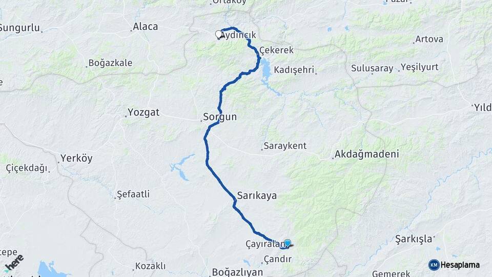 Yozgat Çayıralan Aydıncık Arası Kaç Km - Yol Haritası