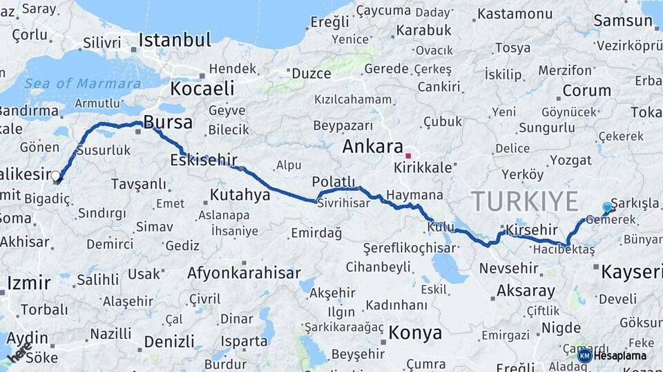 Yozgat Çayıralan Balıkesir Arası Kaç Km - Yol Haritası