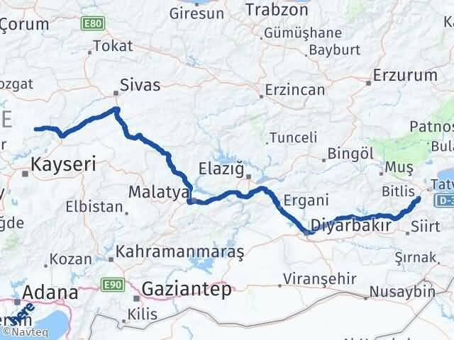 Yozgat Çayıralan Bitlis Arası Kaç Km - Yol Haritası