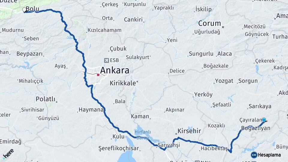 Yozgat Çayıralan Bolu Arası Kaç Km - Yol Haritası