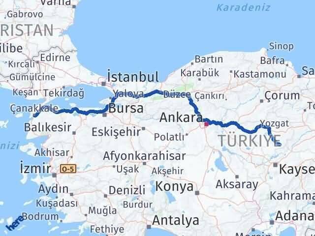 Yozgat Çayıralan Çanakkale Arası Kaç Km - Yol Haritası