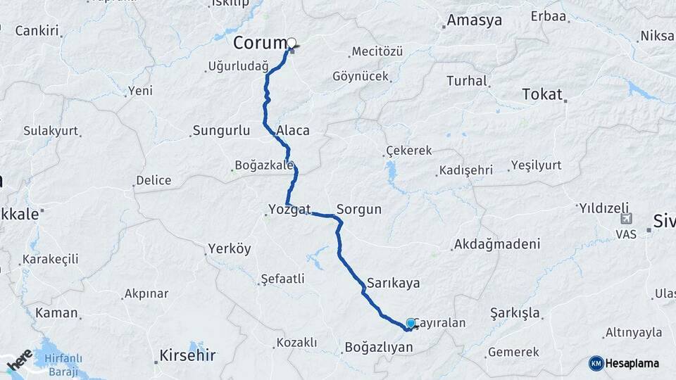 Yozgat Çayıralan Çorum Arası Kaç Km - Yol Haritası