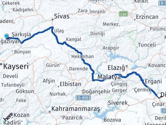 Yozgat Çayıralan Diyarbakır Arası Kaç Km - Yol Haritası