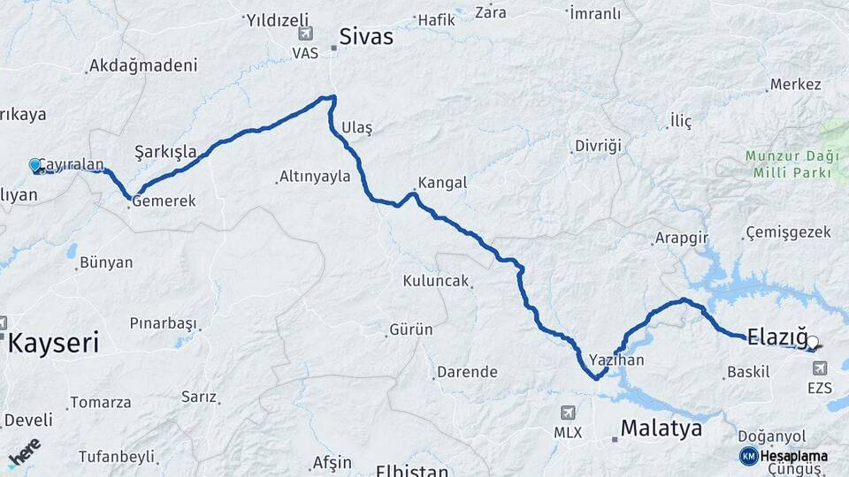 Yozgat Çayıralan Elazığ Arası Kaç Km - Yol Haritası