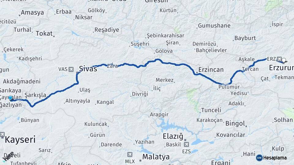 Yozgat Çayıralan Erzurum Arası Kaç Km - Yol Haritası