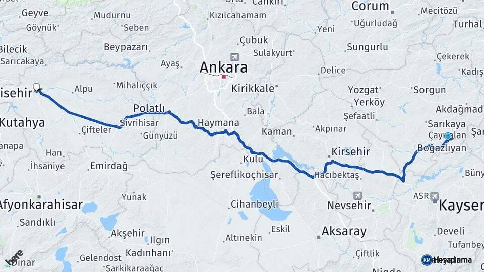 Yozgat Çayıralan Eskişehir Arası Kaç Km - Yol Haritası