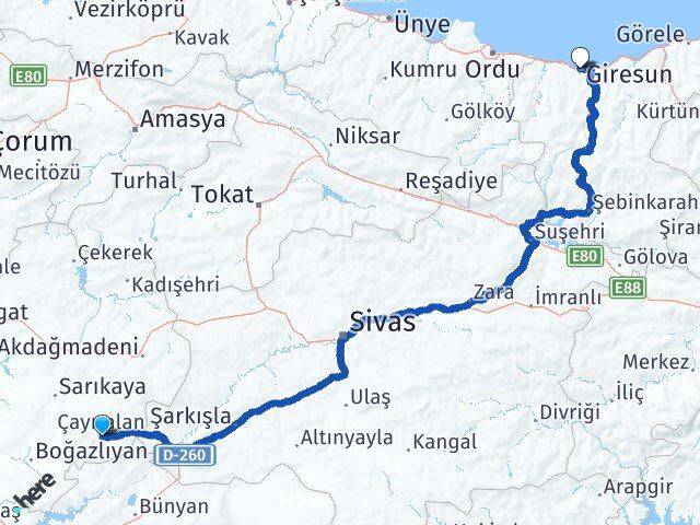 Yozgat Çayıralan Giresun Arası Kaç Km - Yol Haritası