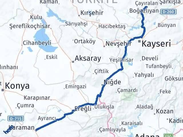 Yozgat Çayıralan Karaman Arası Kaç Km - Yol Haritası