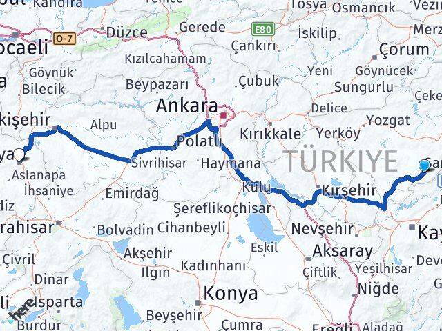 Yozgat Çayıralan Kütahya Arası Kaç Km - Yol Haritası