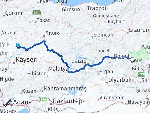 Yozgat Çayıralan Muş Arası Kaç Km - Yol Haritası