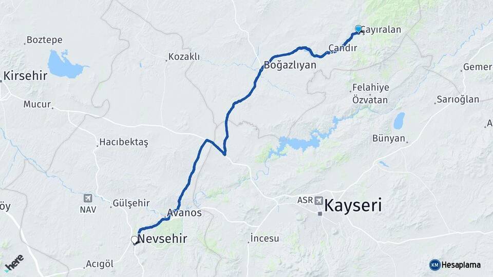 Yozgat Çayıralan Nevşehir Arası Kaç Km - Yol Haritası