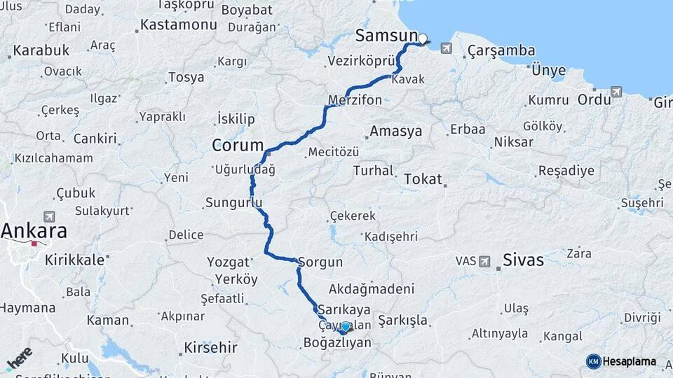 Yozgat Çayıralan Samsun Arası Kaç Km - Yol Haritası