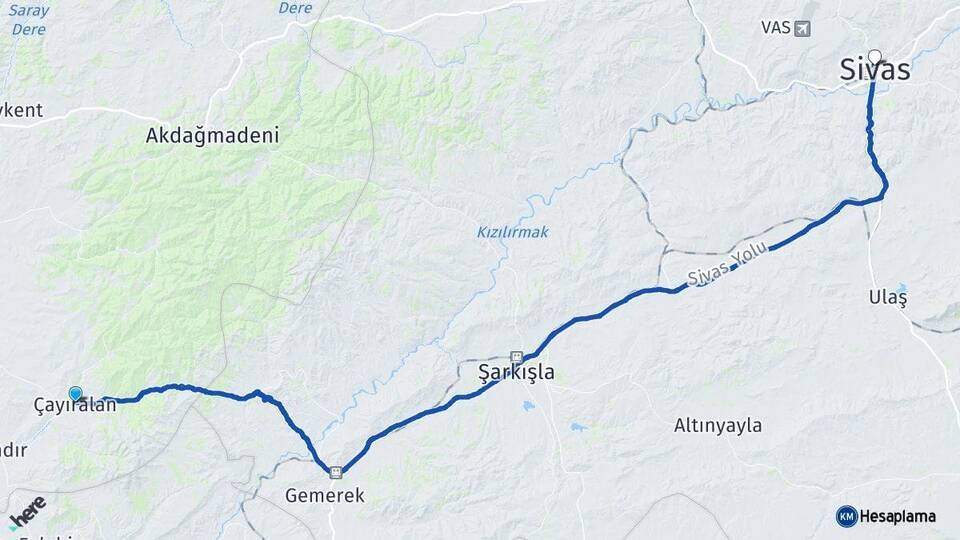 Yozgat Çayıralan Sivas Arası Kaç Km - Yol Haritası