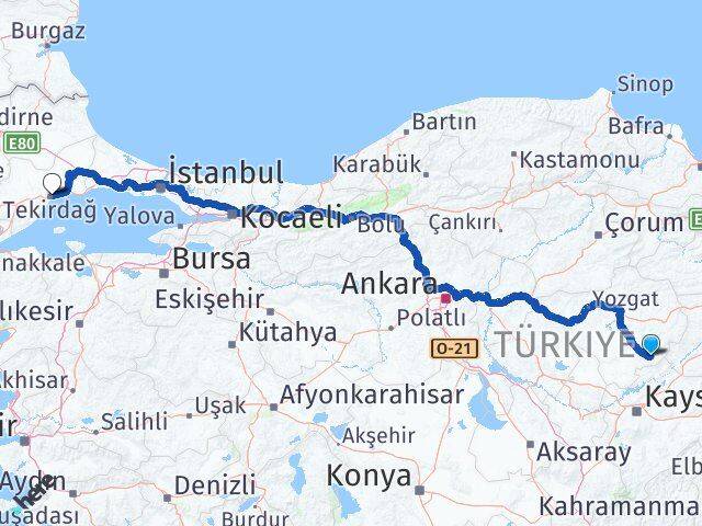Yozgat Çayıralan Tekirdağ Arası Kaç Km - Yol Haritası