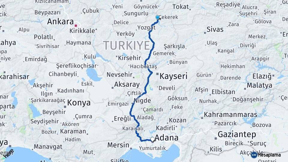 Yozgat Çekerek Adana Arası Kaç Km - Yol Haritası