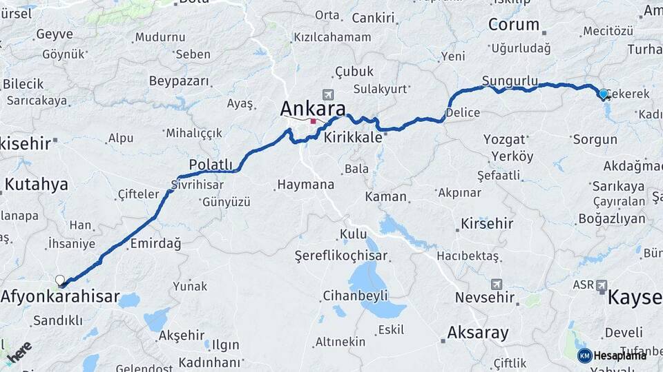 Yozgat Çekerek Afyonkarahisar Arası Kaç Km - Yol Haritası