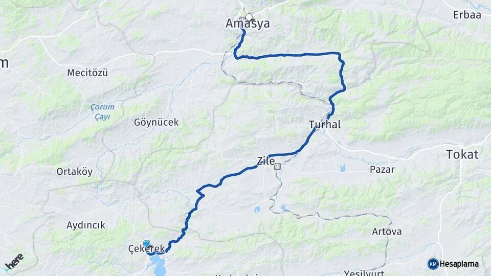 Yozgat Çekerek Amasya Arası Kaç Km - Yol Haritası