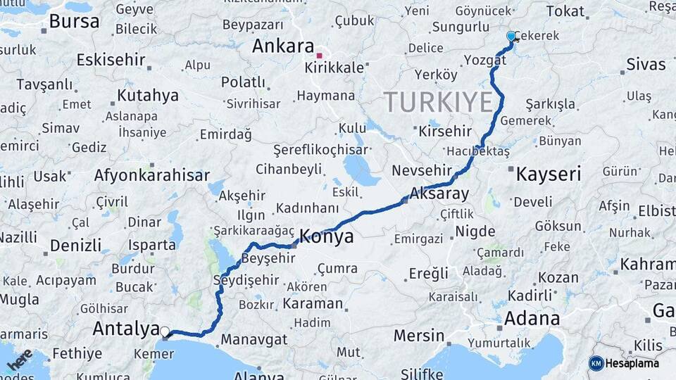Yozgat Çekerek Antalya Arası Kaç Km - Yol Haritası