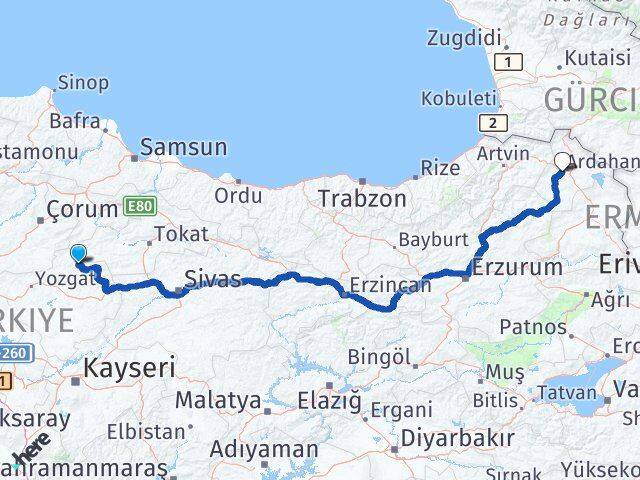 Yozgat Çekerek Ardahan Arası Kaç Km - Yol Haritası