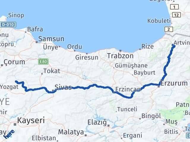 Yozgat Çekerek Artvin Arası Kaç Km - Yol Haritası