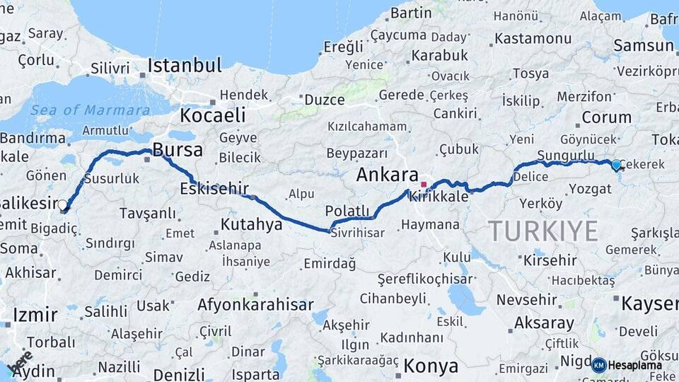 Yozgat Çekerek Balıkesir Arası Kaç Km - Yol Haritası