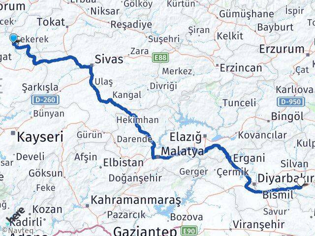 Yozgat Çekerek Batman Arası Kaç Km - Yol Haritası