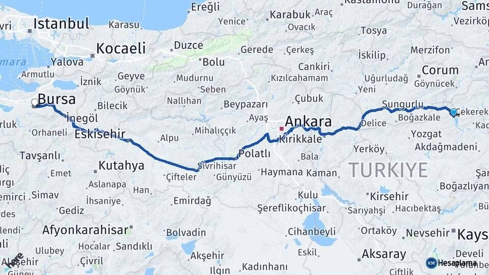 Yozgat Çekerek Bursa Arası Kaç Km - Yol Haritası