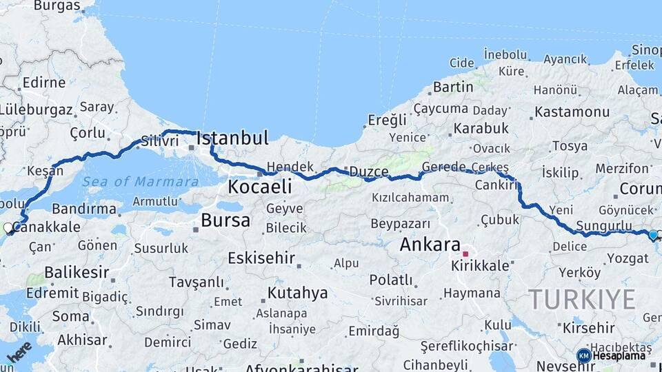 Yozgat Çekerek Çanakkale Arası Kaç Km - Yol Haritası