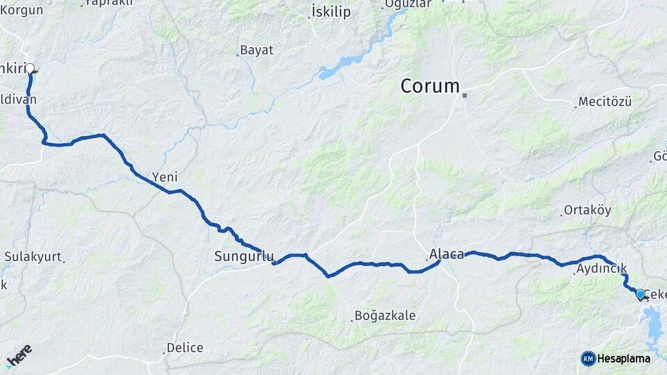 Yozgat Çekerek Çankırı Arası Kaç Km - Yol Haritası