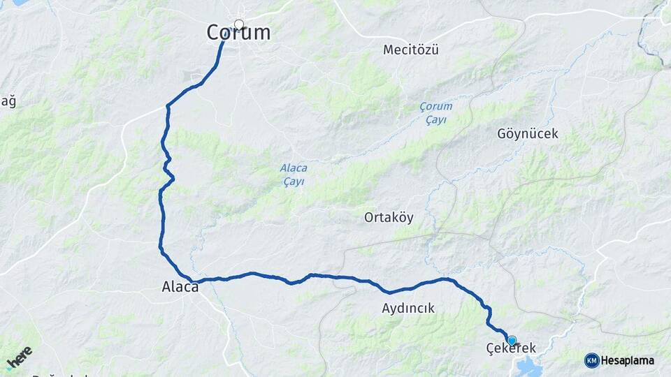 Yozgat Çekerek Çorum Arası Kaç Km - Yol Haritası
