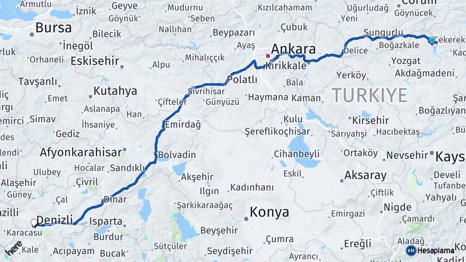 Yozgat Çekerek Denizli Arası Kaç Km - Yol Haritası