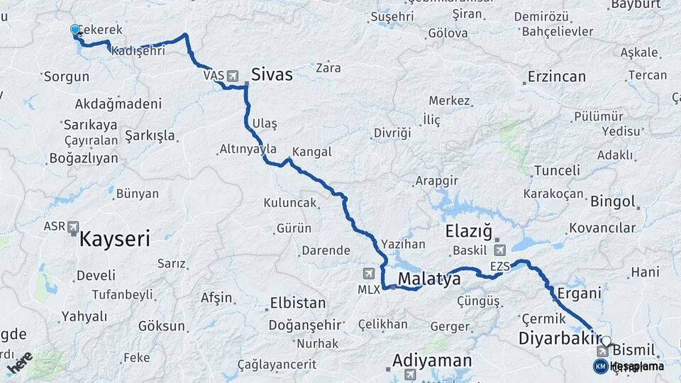 Yozgat Çekerek Diyarbakır Arası Kaç Km - Yol Haritası