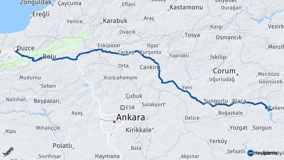 Yozgat Çekerek Düzce Arası Kaç Km - Yol Haritası