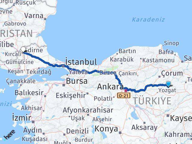 Yozgat Çekerek Edirne Arası Kaç Km - Yol Haritası