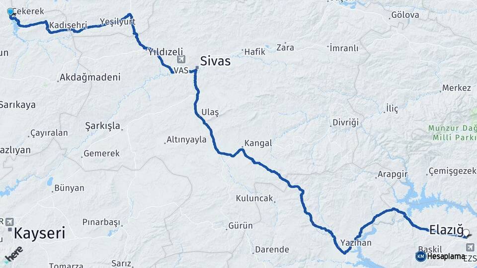 Yozgat Çekerek Elazığ Arası Kaç Km - Yol Haritası