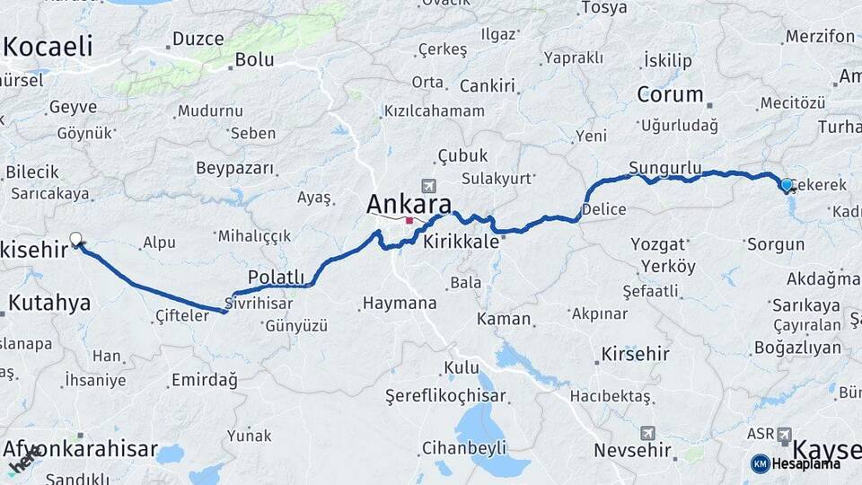 Yozgat Çekerek Eskişehir Arası Kaç Km - Yol Haritası