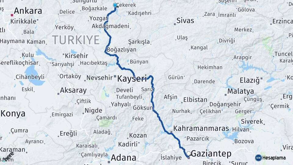 Yozgat Çekerek Gaziantep Arası Kaç Km - Yol Haritası