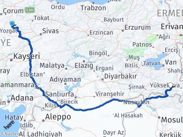 Yozgat Çekerek Hakkari Arası Kaç Km - Yol Haritası