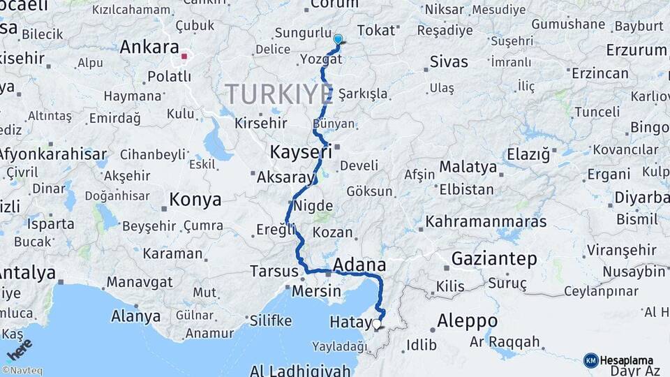 Yozgat Çekerek Hatay Arası Kaç Km - Yol Haritası