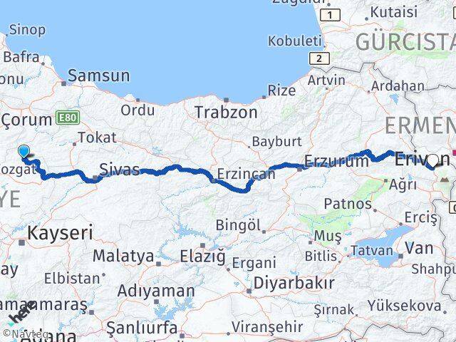 Yozgat Çekerek Iğdır Arası Kaç Km - Yol Haritası