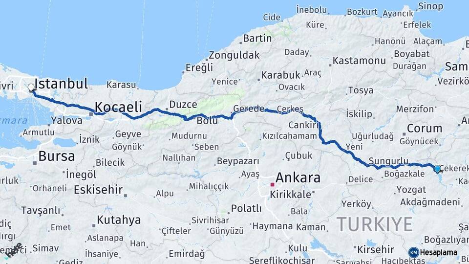 Yozgat Çekerek İstanbul Arası Kaç Km - Yol Haritası