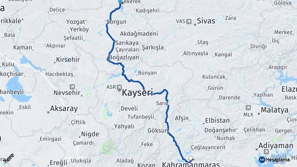 Yozgat Çekerek Kahramanmaraş Arası Kaç Km - Yol Haritası