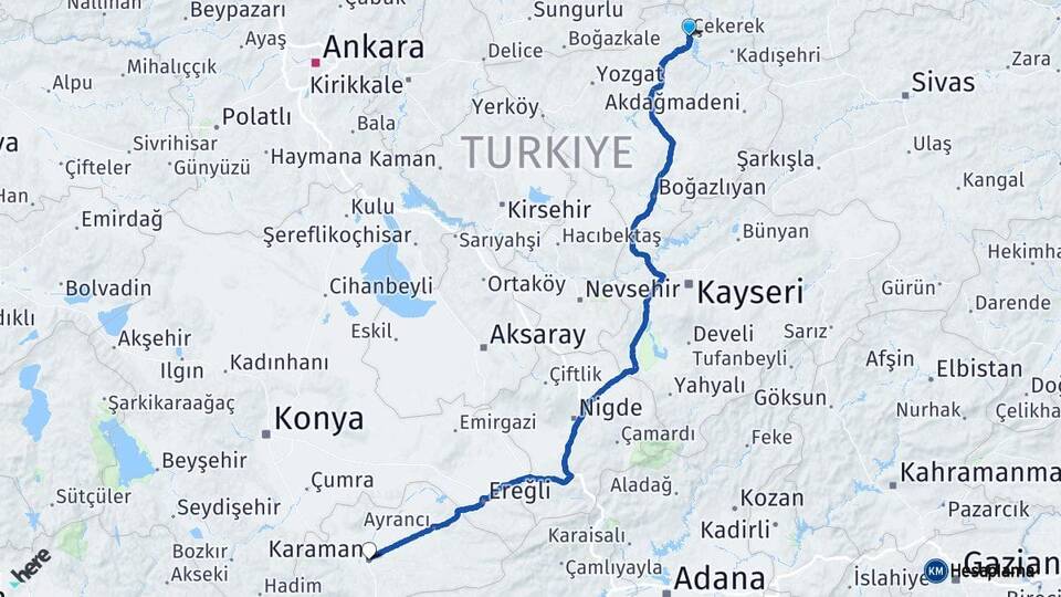 Yozgat Çekerek Karaman Arası Kaç Km - Yol Haritası