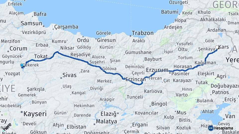 Yozgat Çekerek Kars Arası Kaç Km - Yol Haritası