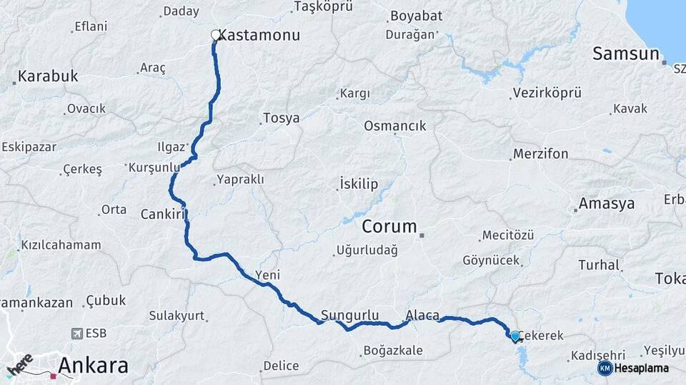 Yozgat Çekerek Kastamonu Arası Kaç Km - Yol Haritası