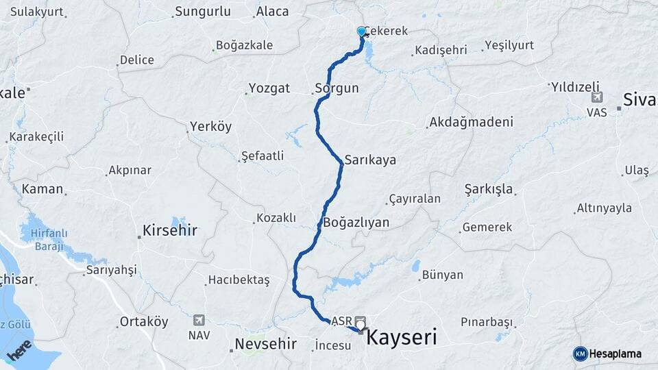 Yozgat Çekerek Kayseri Arası Kaç Km - Yol Haritası