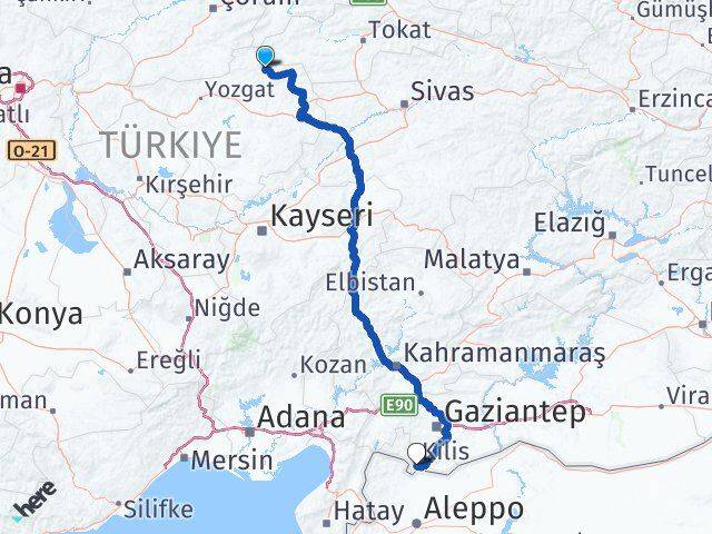 Yozgat Çekerek Kilis Arası Kaç Km - Yol Haritası