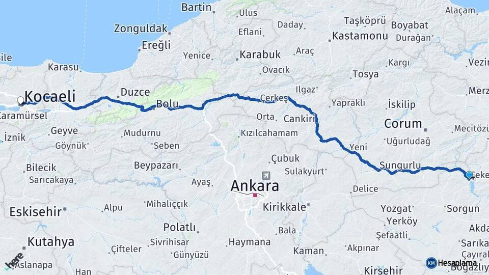 Yozgat Çekerek Kocaeli Arası Kaç Km - Yol Haritası